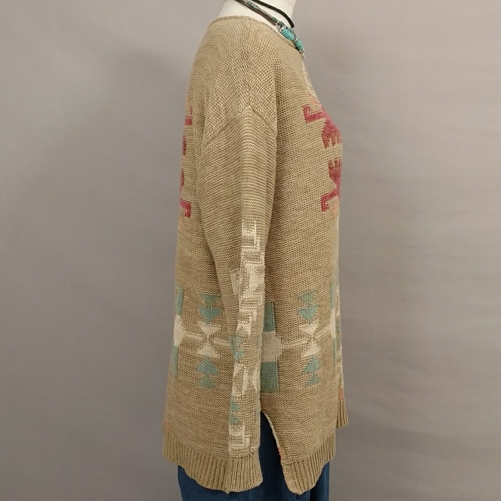 Soft Cotton Linen Blend Knit Sweater Native Neutral Tan & Soft Colors Turquoise - Picture 2 of 8